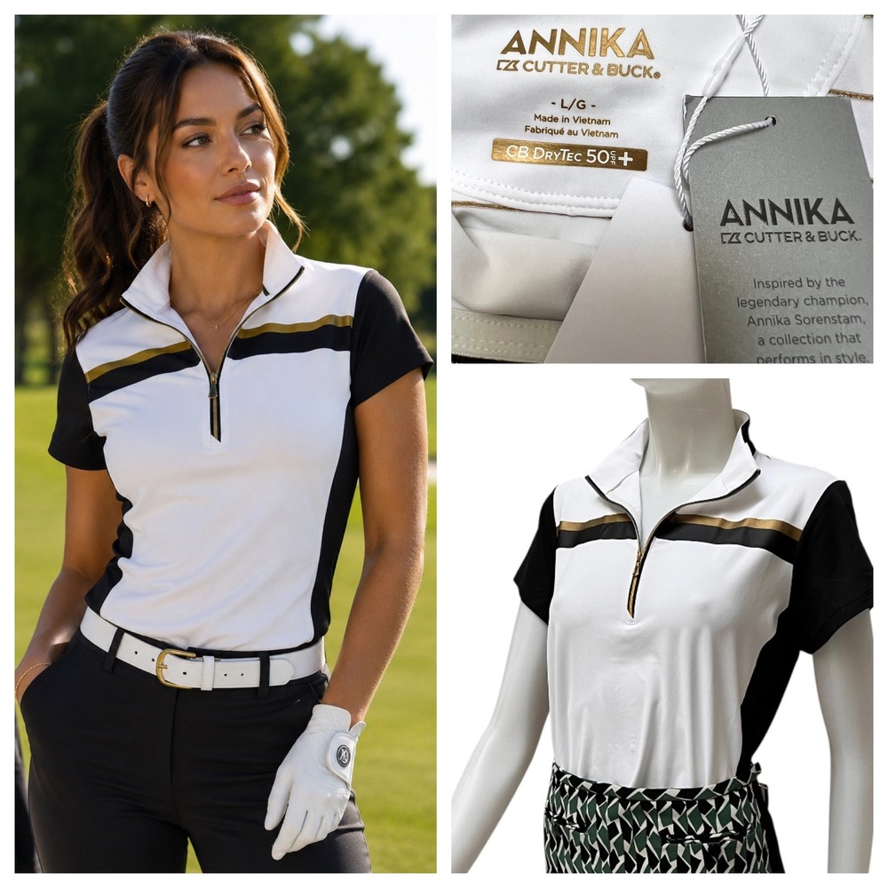 Annika Cutter & Buck‎ Women Performance Golf Pro Polo Shirt L DryTec UPF Preppy